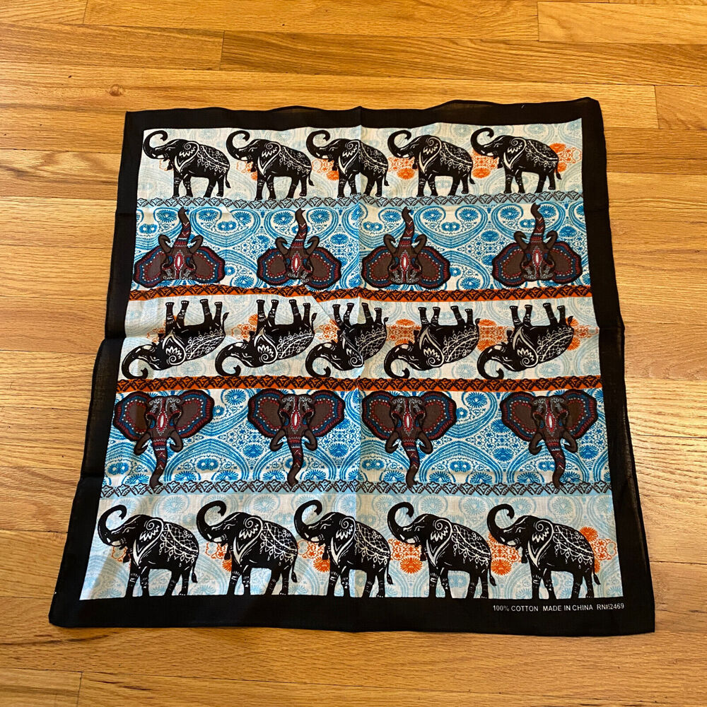 Vtg Deadstock Bandana 100% Cotton RN 52469 Elephant 21.5" Blue Orange Black